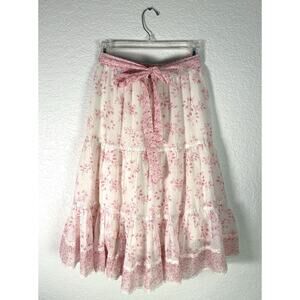 Vintage 1970s Gunne Sax Pink & White Lac Trimmed Floral Skirt